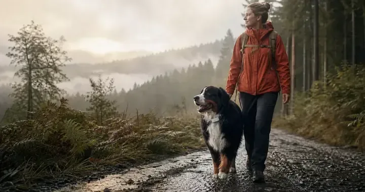 A Bernese mountain dog wearing the illustrated MEO safety tracker walks with its person on a misty forest trail.