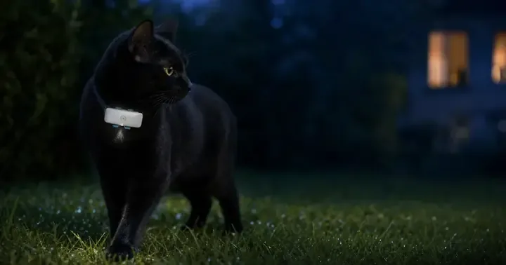 A black cat wearing the illustrated MEO safety tracker crosses a garden after dark with home lights in the distance.