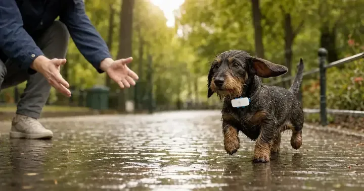 A small wet dachshund wearing the illustrated MEO safety tracker runs back towards its person in a rain-soaked park.