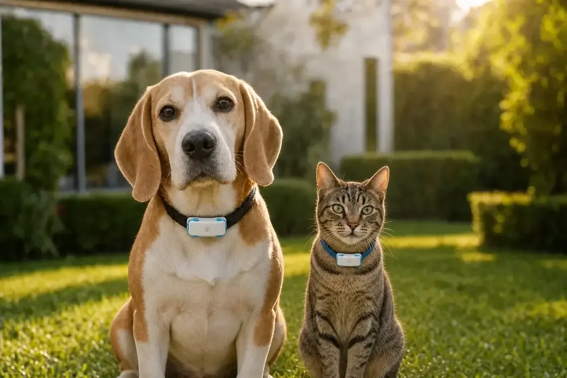 A medium beagle and a slender tabby cat sit together in a garden, each wearing the same horizontal white-and-blue MEO safety tracker in a size suited to its collar.