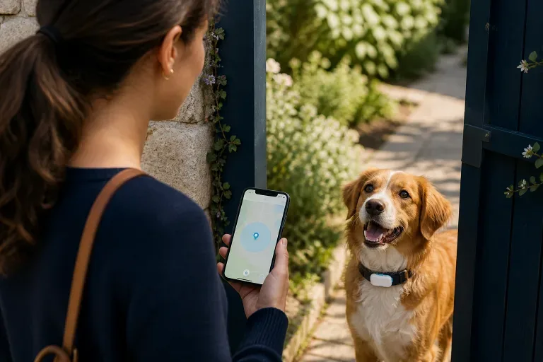 A reassured woman in her late sixties checks her absent pet’s location on a phone. An empty bowl and a pet toy wait beside the open garden door.