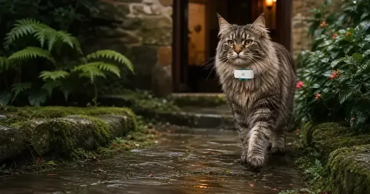 A Maine Coon cat wearing the illustrated MEO safety tracker returns along a wet garden path.
