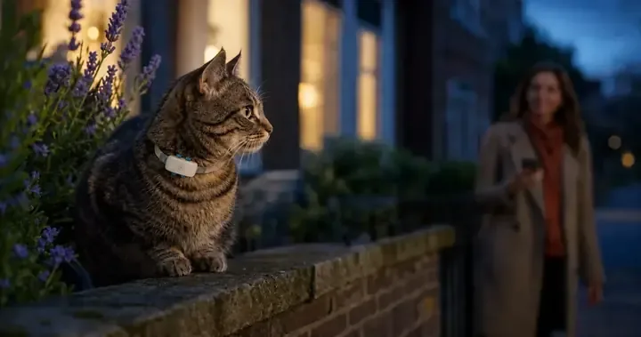A tabby cat wearing the illustrated MEO safety tracker waits on a garden wall at dusk while its person approaches.
