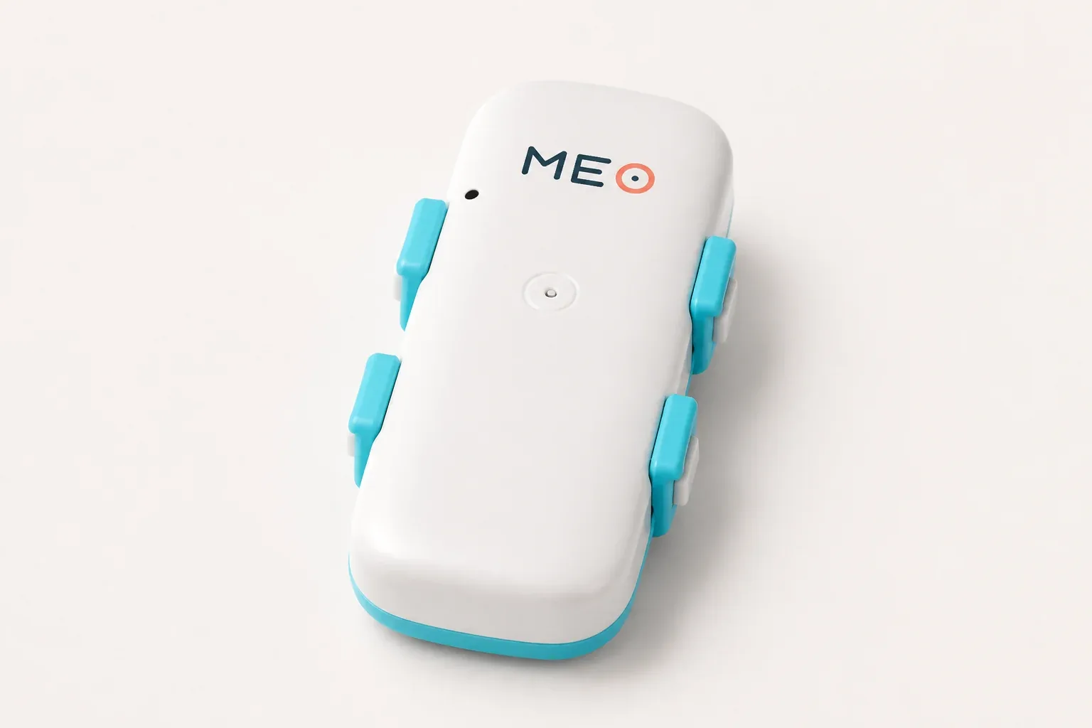Premium studio illustration of the white and turquoise pet tracker with the MEO mark printed on its upper shell.